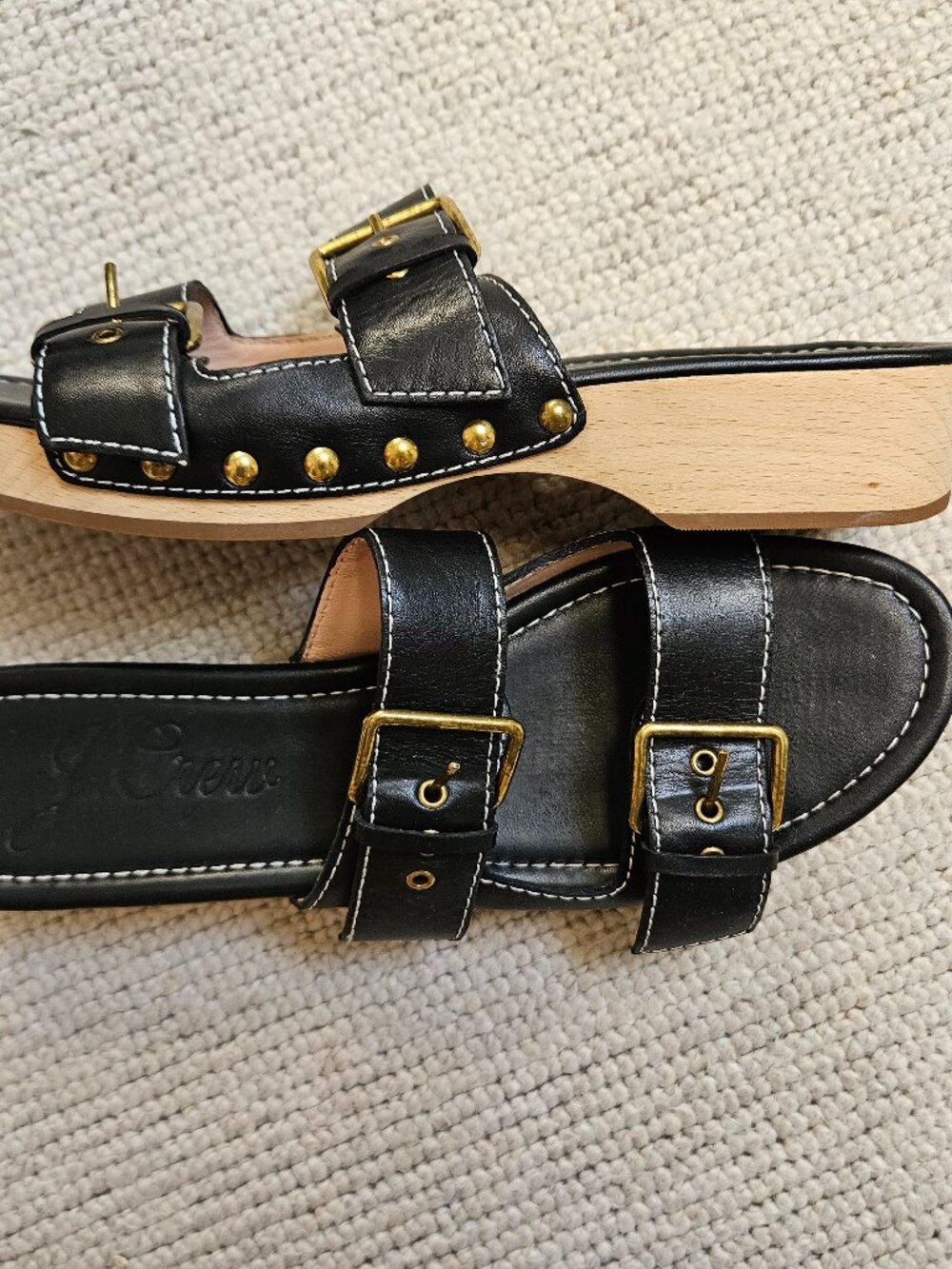 J. Crew Leather Double Buckle Strap Sandals Wood Clog Black Size 10 AX910